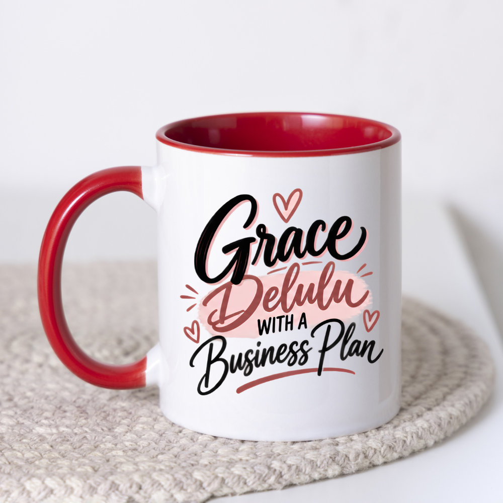 Personalized Name Mug "Grace Delulu With A Business Plan" Grace Delulu With A Business Plan 325ml Ceramic Coffee Mug – Custom Name Typography Slogan with Pink Brushstroke & Hearts | Funny Gift | Fast Dispatch by UK Seller (M3410)