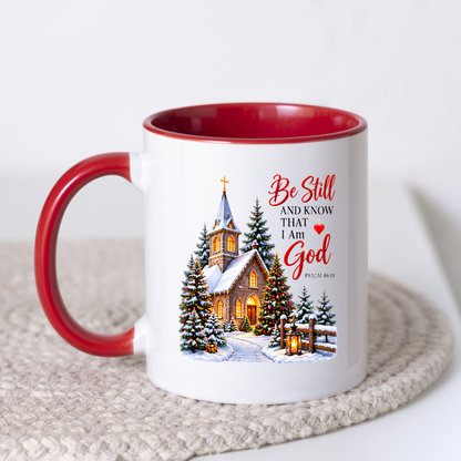 Religious Christmas Mug "Be Still And Know That I Am God" Church Be Still And Know That I Am God 325ml Ceramic Coffee Mug – Church Scripture Mug with Psalm 46:10, Decorated Trees & Lantern | Religious Holiday Gift | Fast Dispatch by UK Seller (M3355)