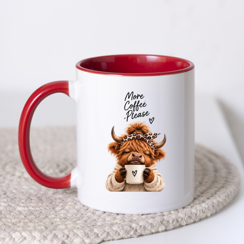 Cozy Highland Cow Mug "More Coffee Please" Graphic 325ml Ceramic Coffee Cup Highland Cow in Neutral Hoodie & Leopard Bandana Novelty Tea Cup | Cute Morning Gift for Her & Coffee Lovers | Available in Multicolours | Fast Dispatch by UK Seller (M3138)