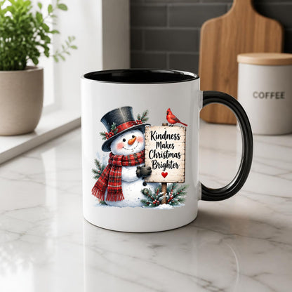 Heartwarming Mug "Kindness Makes Christmas Brighter" Snowman 325ml Ceramic Coffee Mug – Cute Winter Holiday Tea Cup with Top Hat, Cardinal Wooden Sign Gift | Available in Multicolours | Fast Dispatch by UK Seller (M1249)