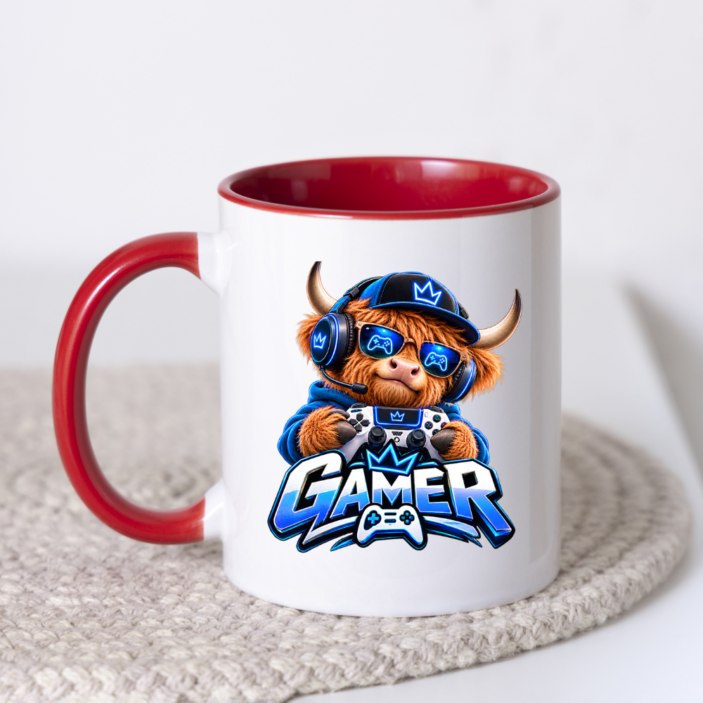 Gaming Mug "Gamer" Highland Cow Gamer 325ml Ceramic Coffee Mug – Cute Highland Cow Gamer in Blue Hoodie & Headset with Controller Art | Video Game Gift | Fast Dispatch by UK Seller (M3347)