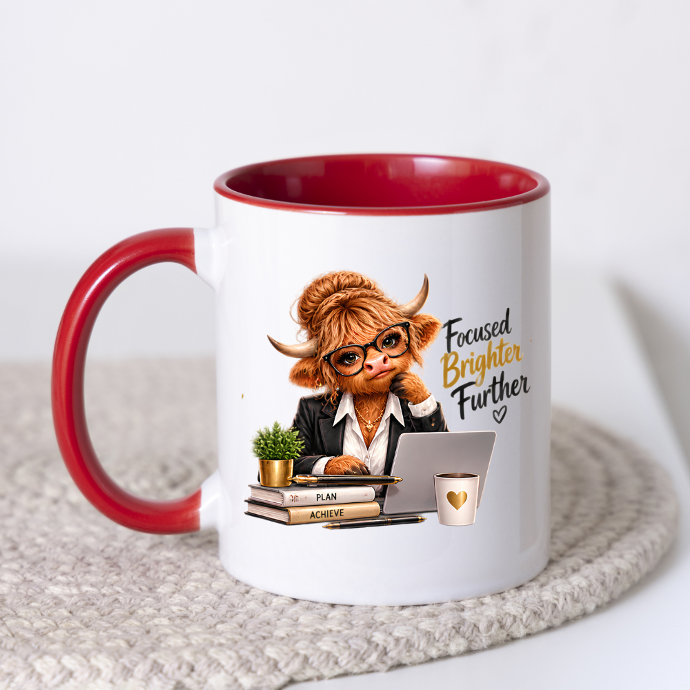 Highland Cow Mug "Focused Brighter Further Highland Cow" 325ml Ceramic Coffee Mug – Smart Highland Cow in Blazer Glasses At Laptop Desk With Plan Achieve Books Office Gift | Available in Multicolours | Fast Dispatch by UK Seller (M3281)