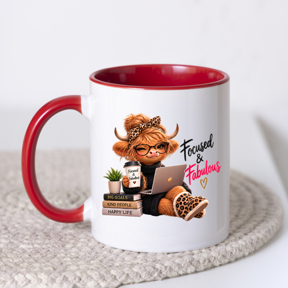 Motivation Mug "Focused & Fabulous Highland Cow" Focused and Fabulous Highland Cow 325ml Ceramic Coffee Mug – Chic Office Desk Tea Cup with Laptop Leopard Slippers Coffee Graphic Gift | Available in Multicolours | Fast Dispatch by UK Seller (M3198)