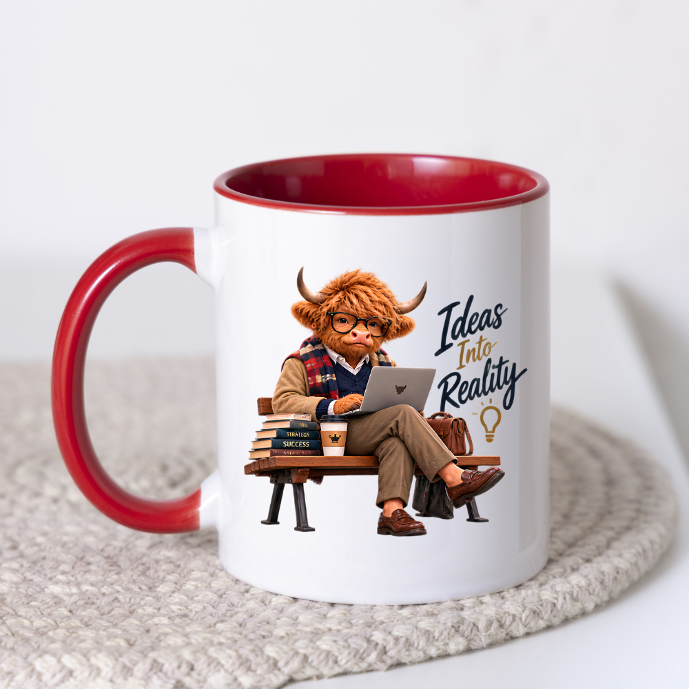 Academic Mug "Ideas Into Reality Scholarly Highland Cow" Ideas Into Reality 325ml Ceramic Coffee Mug – Scholarly Highland Cow on Bench with Laptop Strategy Books Coffee Entrepreneur Gift | Available in Multicolours | Fast Dispatch by UK Seller (M3287)