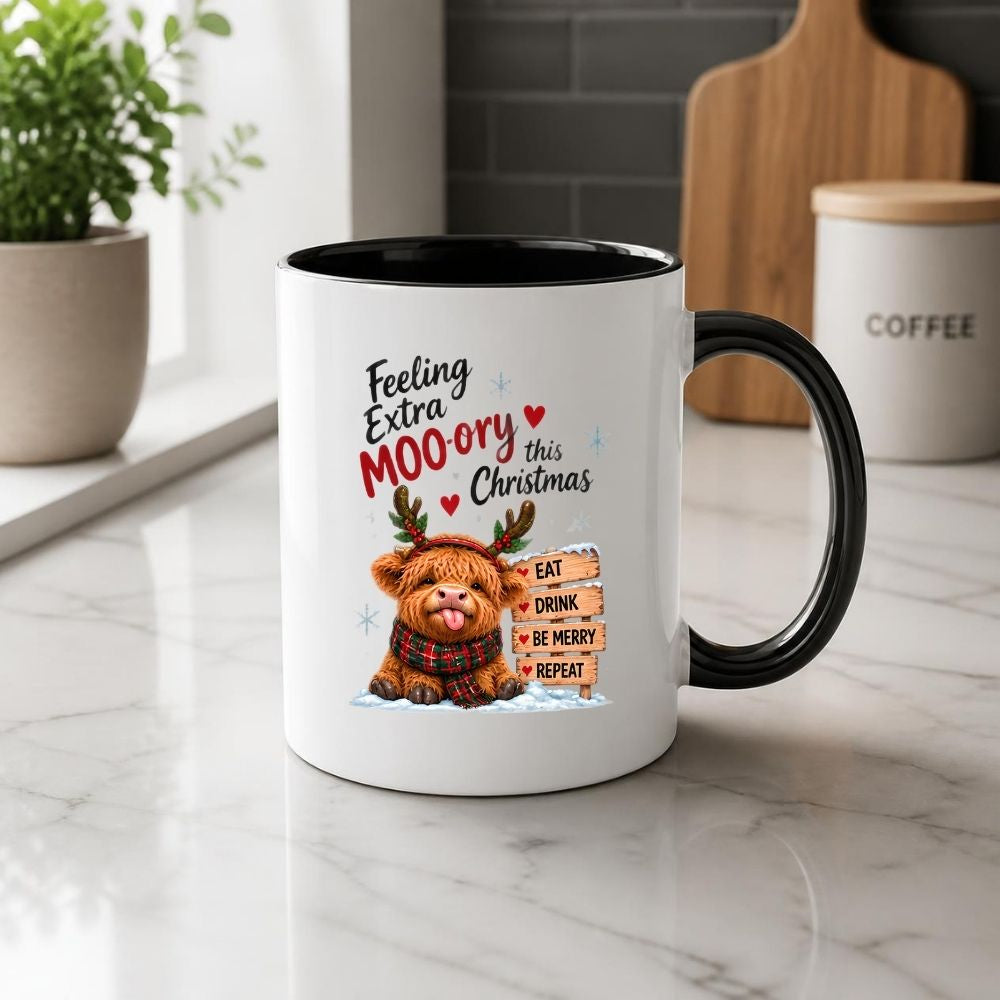 Festive Mug "Feeling Extra Moo-rry This Christmas" Highland Cow 325ml Ceramic Coffee Mug Cute Holiday Tea Cup with Reindeer Antlers, Plaid Scarf & Wooden Sign Gift | Available in Multicolours | Fast Dispatch by UK Seller (M1293)