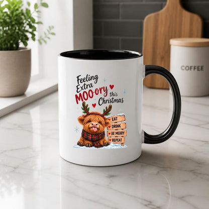 Festive Mug "Feeling Extra Moo-rry This Christmas" Highland Cow 325ml Ceramic Coffee Mug Cute Holiday Tea Cup with Reindeer Antlers, Plaid Scarf & Wooden Sign Gift | Available in Multicolours | Fast Dispatch by UK Seller (M1293)
