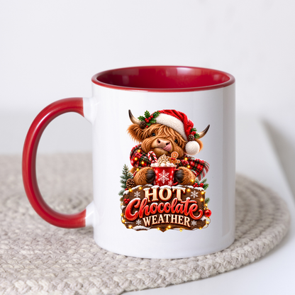 Christmas Mug "Hot Chocolate Weather" Hot Chocolate Weather 325ml Ceramic Coffee Mug – Cute Highland Cow Santa Mug with Gingerbread & Marshmallows | Festive Holiday Christmas Gift | Fast Dispatch by UK Seller (M3335)