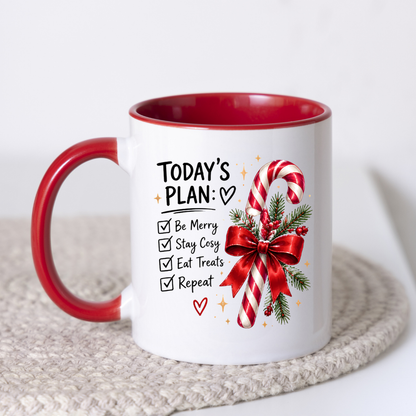 Christmas Candy Cane Checklist Mug "Today's Plan Be Merry Stay Cosy" Today's Plan Be Merry Stay Cosy 325ml Ceramic Coffee Mug – Festive Candy Cane with Red Ribbon & Check-list Artwork | Holiday Gift | Fast Dispatch by UK Seller (M3399)