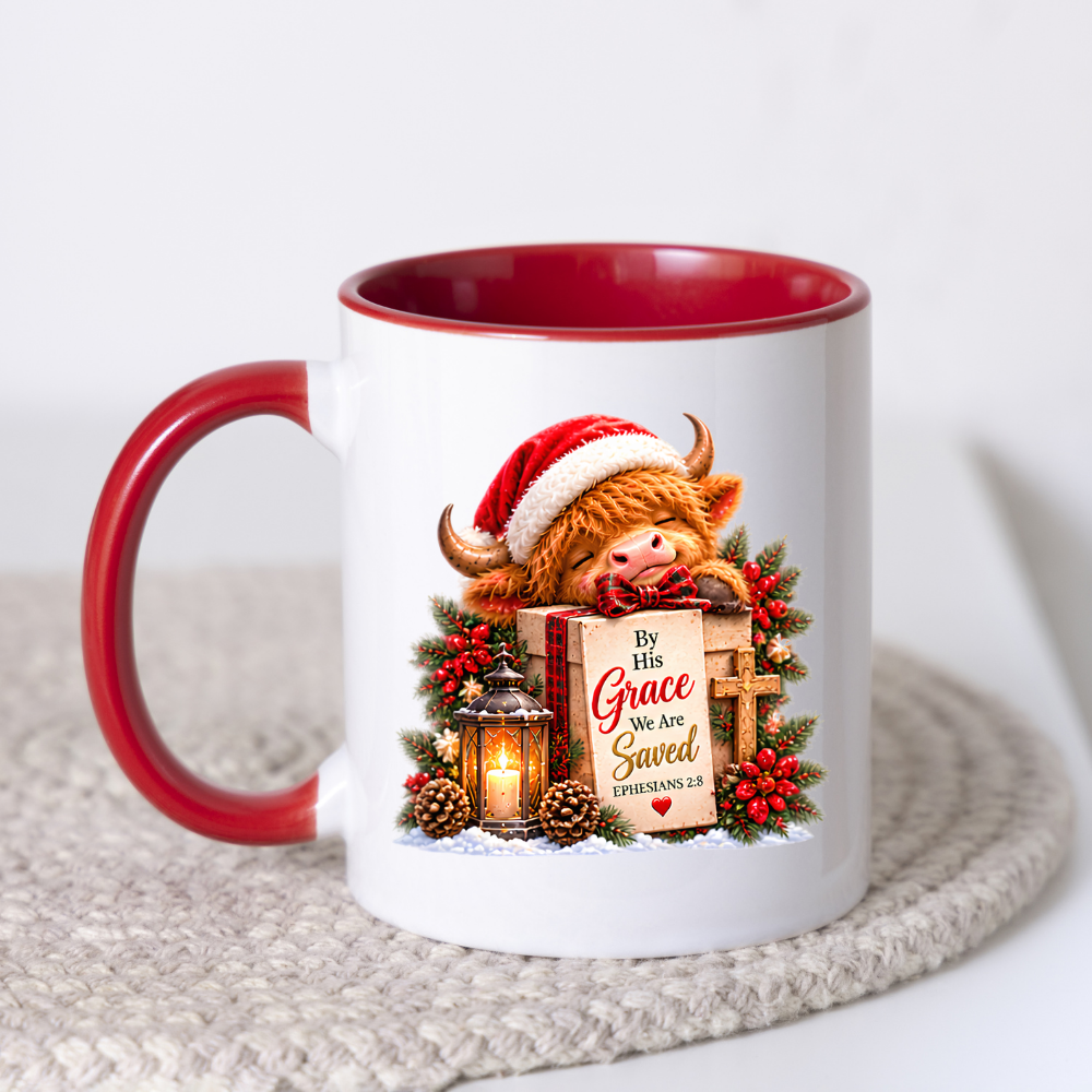 Christmas Mug "By His Grace We Are Saved Highland Cow" By His Grace We Are Saved Ephesians 2:8 325ml Ceramic Mug – Festive Highland Cow Mug With Gift Box Cross Lantern Christian Holiday Gift | Available in Multicolours | Fast Dispatch by UK Seller (M3309)