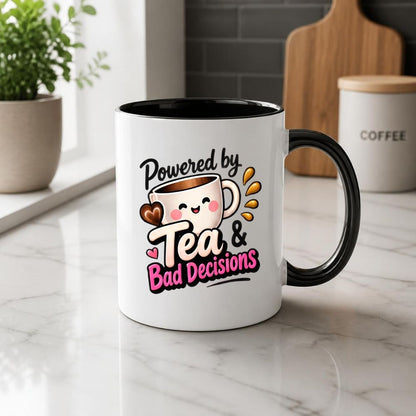 Humorous Mug "Powered by Tea & Bad Decisions" 325ml Ceramic Coffee Mug Cute Tea Lover Cup with Kawaii Smiling Teacup, Hearts & Splash Graphic Gift | Available in Multicolours | Fast Dispatch by UK Seller (M1300)