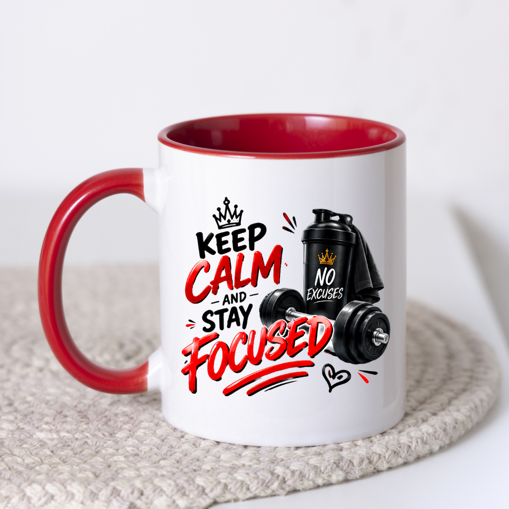 Fitness Mug "Keep Calm And Stay Focused" 325ml Ceramic Coffee Tea Cup – Gym, Dumbbells, Shaker Bottle & Slogan Novelty Gift for Fitness Lovers, Workout Fans, Birthday – Fast Dispatch by UK Seller (M3507)