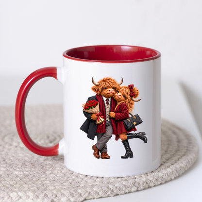 Romantic Mug "Red Roses Highland Cow Couple" 325ml Ceramic Mug – Romantic Highland Cow Couple in Red Coat, Bow & Suit Holding Red Roses Designer Bag Anniversary Valentines Gift For Couples | Available in Multicolours | Fast Dispatch by UK Seller (M3263)