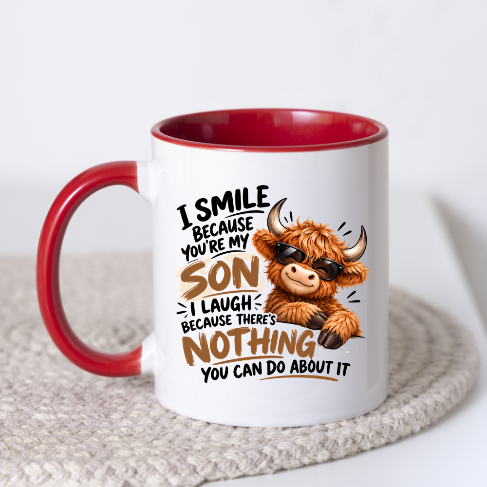 Cool Highland Cow Mug "I Smile Because You're My Son" I Laugh Because There's Nothing You Can Do About It 325ml Ceramic Coffee Mug – Cool Highland Cow in Sunglasses | Funny Father's Day & Birthday Gift for Son | Fast Dispatch by UK Seller (M3459)