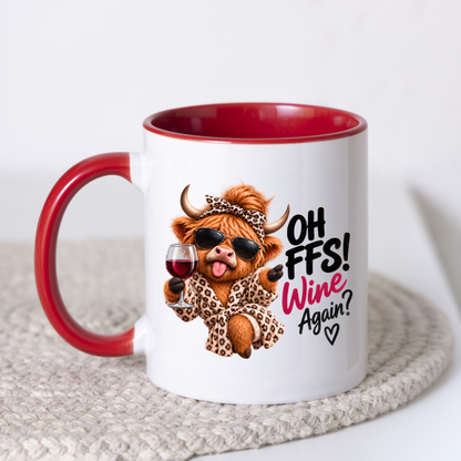 Highland Cow Wine Lover Mug "Oh FFS! Wine Again?" Oh FFS! Wine Again? 325ml Ceramic Coffee Mug – Cute Highland Cow in Leopard Bathrobe, Bow & Sunglasses holding Red Wine Glass | Funny Gift | Fast Dispatch by UK Seller (M3389)