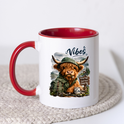 Cozy Mug "Vibes - Rainy Days, Good Views, Happy Moo" Hiking Highland Cow 325ml Ceramic Coffee Mug Whimsical Outdoor Tea Cup with Rain Hat and Mountain Scene Graphic Gift | Available in Multicolours | Fast Dispatch by UK Seller (M3156)