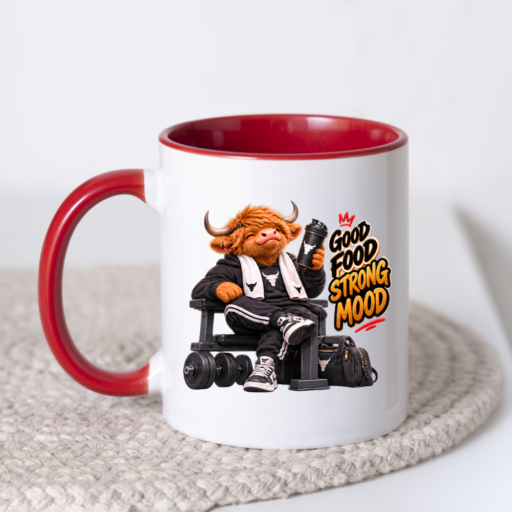 Gym Mug "Good Food Strong Mood Highland Cow" Good Food Strong Mood 325ml Ceramic Coffee Mug – Muscular Highland Cow on Bench with Shaker & Barbells Gym Fitness Gift | Available in Multicolours | Fast Dispatch by UK Seller (M3275)