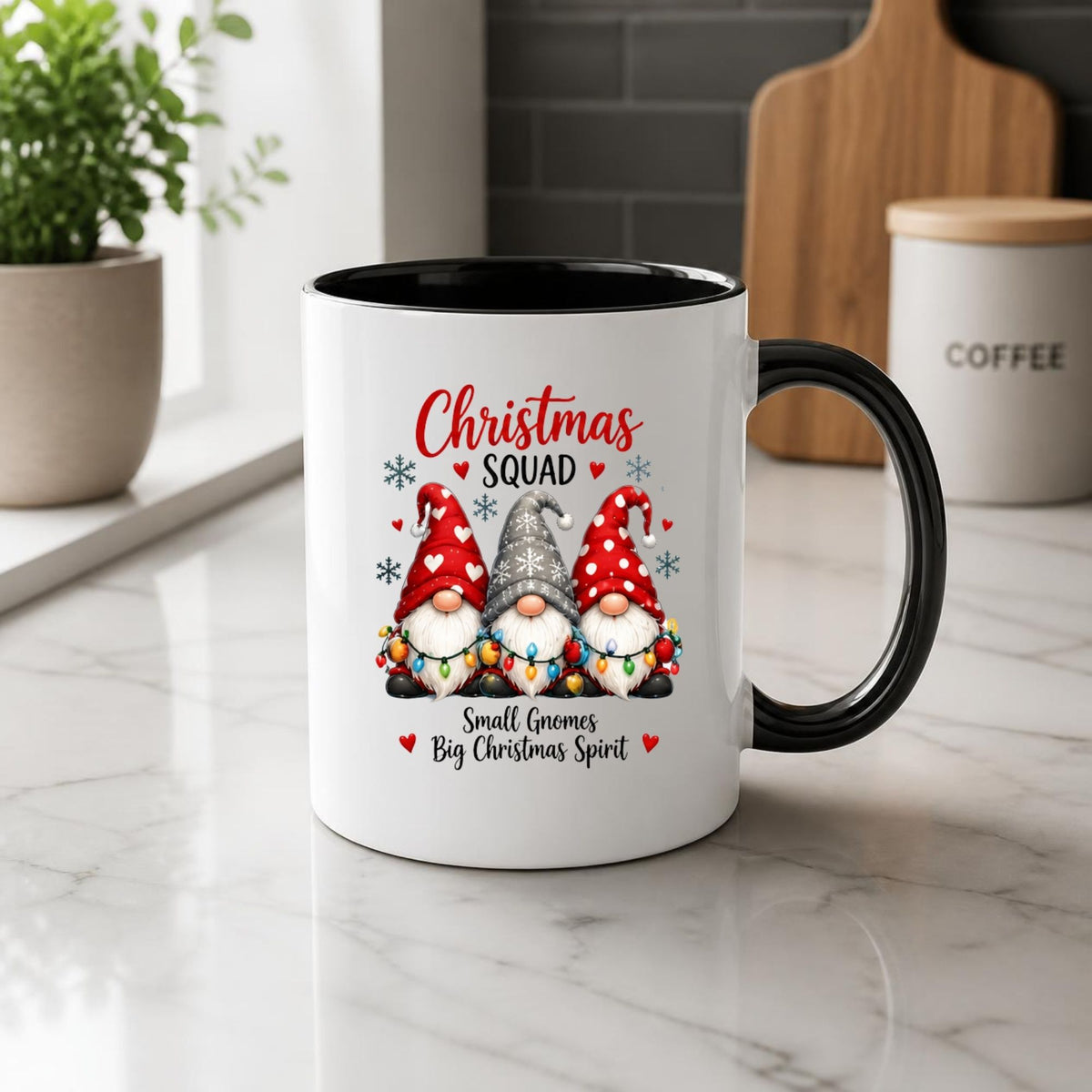 Festive Mug "Christmas Squad" Trio Gnomes 325ml Ceramic Coffee Mug – Cute Winter Holiday Tea Cup with String Lights & Hearts Gift | Available in Multicolours | Fast Dispatch by UK Seller (M1256)