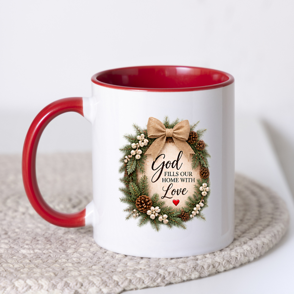 Christmas Mug "God Fills Our Home With Love Rustic Wreath" 325ml Ceramic Coffee Mug – Christian Holiday Wreath Mug With Burlap Bow Pinecones White Berries Rustic Festive Gift | Available in Multicolours | Fast Dispatch by UK Seller (M3301)