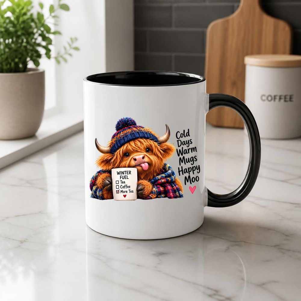 Cozy Mug "Cold Days Warm Mugs Happy Moo" Highland Cow 325ml Ceramic Coffee Mug – Winter Fuel Tea Cup with Knitted Beanie, Scarf & Hearts Gift | Available in Multicolours | Fast Dispatch by UK Seller (M1280)