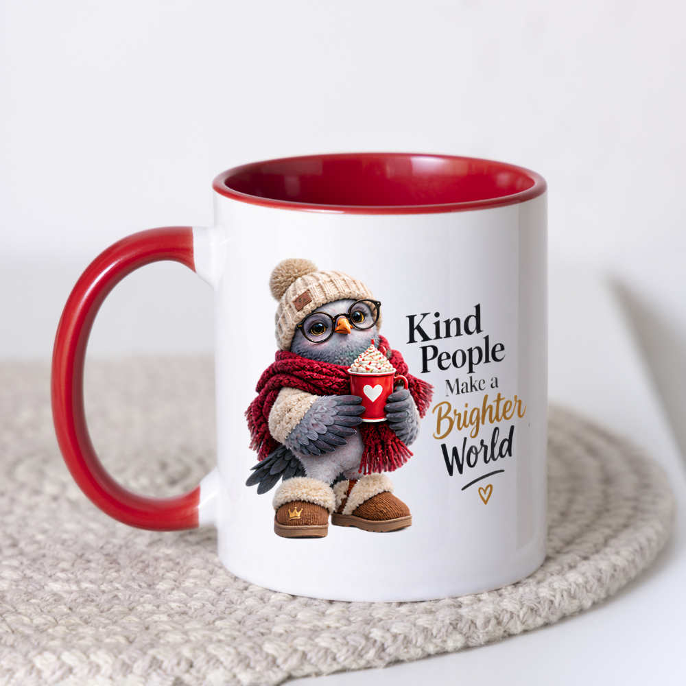 Inspirational Mug "Kind People Make a Brighter World Cozy Bird" 325ml Ceramic Coffee Mug – Cute Cozy Bird In Beanie Glasses Scarf Boots Hot Cocoa Gift For Friends Family | Available in Multicolours | Fast Dispatch by UK Seller (M3238)