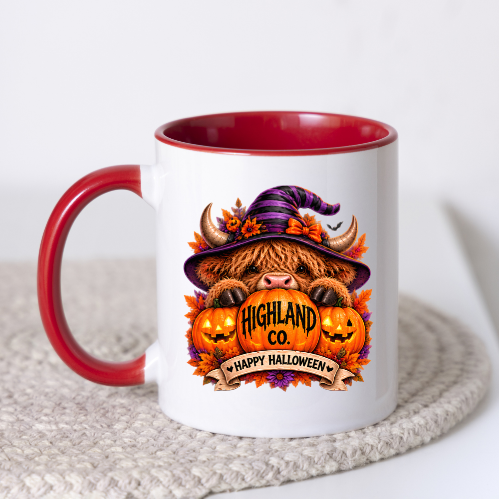 Halloween Mug "Peeking Witch Happy Halloween Banner Highland Co." Peeking Witch Highland Cow 325ml Ceramic Coffee Mug – Cute Halloween Pumpkin Tea Cup With Striped Witch Hat Graphic Gift | Available in Multicolours | Fast Dispatch by UK Seller (M3180)