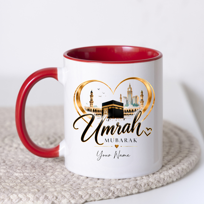 Personalised Umrah Mubarak Mug 325ml Ceramic Coffee Tea Cup – Custom Name, Holy Kaaba, Golden Heart Frame & Makkah Skyline Religious Pilgrimage Gift for Family, Friends, Hajj Celebration – Fast Dispatch by UK Seller (M3488)