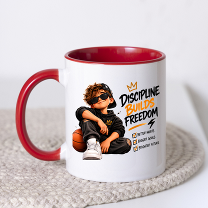 Motivational Mug "Discipline Builds Freedom" 325ml Ceramic Coffee Tea Cup – Cool Boy Graphic, Basketball, Habits & Goals Slogan Novelty Gift for Teens, Men, Birthday – Fast Dispatch by UK Seller (M3501)