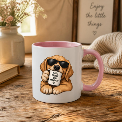 Funny Dog Mug "GOOD PEOPLE BAD MONDAYS" Cool Golden Retriever 325ml Ceramic Coffee Mug Sarcastic Puppy Tea Cup with Sunglasses & Mini Mug Graphic Gift | Available in Multicolours | Fast Dispatch by UK Seller (M3004)