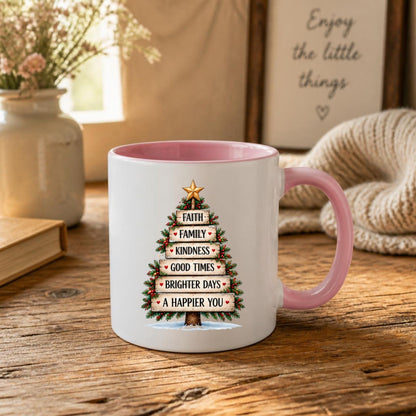Inspirational "Faith Family Kindness Good Times Brighter Days A Happier You" Wooden Sign Christmas Tree 325 ml Ceramic Coffee Mug Festive Winter Holiday Tea Cup with Golden Star & Rustic Plank Design Gift (M1263)