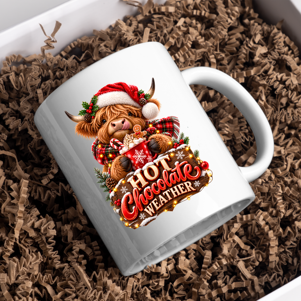 Christmas Mug "Hot Chocolate Weather" Hot Chocolate Weather 325ml Ceramic Coffee Mug – Cute Highland Cow Santa Mug with Gingerbread & Marshmallows | Festive Holiday Christmas Gift | Fast Dispatch by UK Seller (M3335)