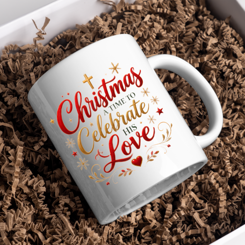 Christmas Mug "Christmas A Time To Celebrate His Love" 325ml Ceramic Coffee Mug – Festive Christian Typography Mug With Golden Cross Stars Red Heart Holiday Gift | Available in Multicolours | Fast Dispatch by UK Seller (M3315)