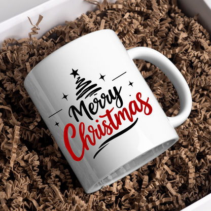 Minimalist Christmas Tree Mug "Merry Christmas" Merry Christmas 325ml Ceramic Coffee Mug – Minimalist Typography Slogan with Black Abstract Christmas Tree, Star Topper & Sparkling Stars | Holiday Gift | Fast Dispatch by UK Seller (M3432)