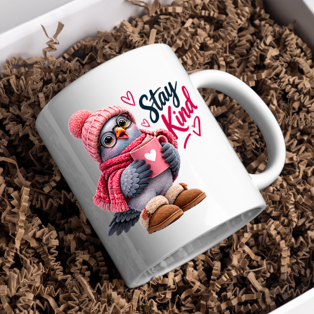 Inspirational Mug "Stay Kind Cozy Bird" Stay Kind 325ml Ceramic Coffee Mug – Cute Cozy Pink Bird in Beanie, Glasses, Scarf & Boots with Hot Cocoa Heartwarming Gift For Friends Family | Available in Multicolours | Fast Dispatch by UK Seller (M3244)