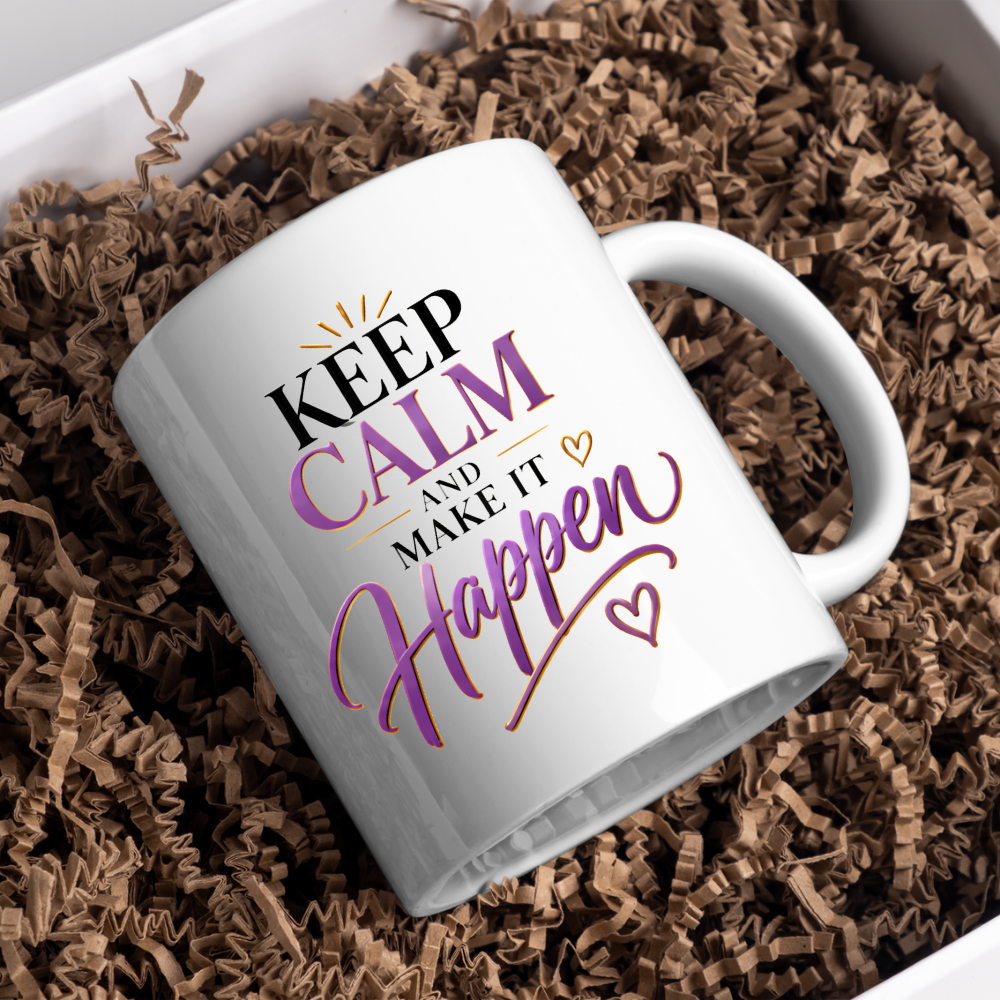 Motivational Mug "Keep Calm And Make It Happen" 325ml Ceramic Coffee Tea Cup – Purple & Gold Typography, Sunburst & Heart Slogan Novelty Gift for Friends, Colleagues, Birthday – Fast Dispatch by UK Seller (M3494)