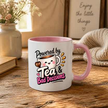 Humorous Mug "Powered by Tea & Bad Decisions" 325ml Ceramic Coffee Mug Cute Tea Lover Cup with Kawaii Smiling Teacup, Hearts & Splash Graphic Gift | Available in Multicolours | Fast Dispatch by UK Seller (M1300)