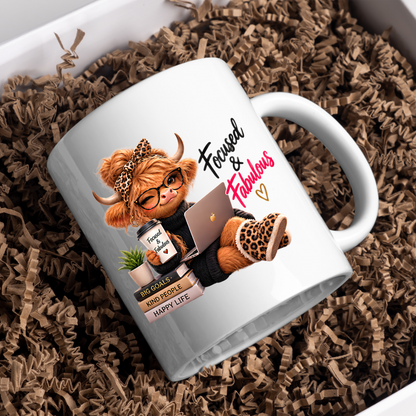 Motivation Mug "Focused & Fabulous Highland Cow" Focused and Fabulous Highland Cow 325ml Ceramic Coffee Mug – Chic Office Desk Tea Cup with Laptop Leopard Slippers Coffee Graphic Gift | Available in Multicolours | Fast Dispatch by UK Seller (M3198)