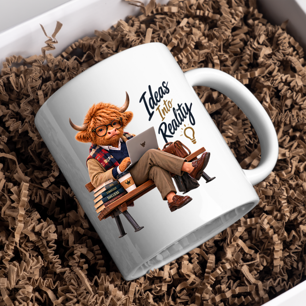 Academic Mug "Ideas Into Reality Scholarly Highland Cow" Ideas Into Reality 325ml Ceramic Coffee Mug – Scholarly Highland Cow on Bench with Laptop Strategy Books Coffee Entrepreneur Gift | Available in Multicolours | Fast Dispatch by UK Seller (M3287)