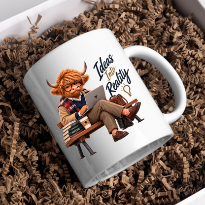 Academic Mug "Ideas Into Reality Scholarly Highland Cow" Ideas Into Reality 325ml Ceramic Coffee Mug – Scholarly Highland Cow on Bench with Laptop Strategy Books Coffee Entrepreneur Gift | Available in Multicolours | Fast Dispatch by UK Seller (M3287)