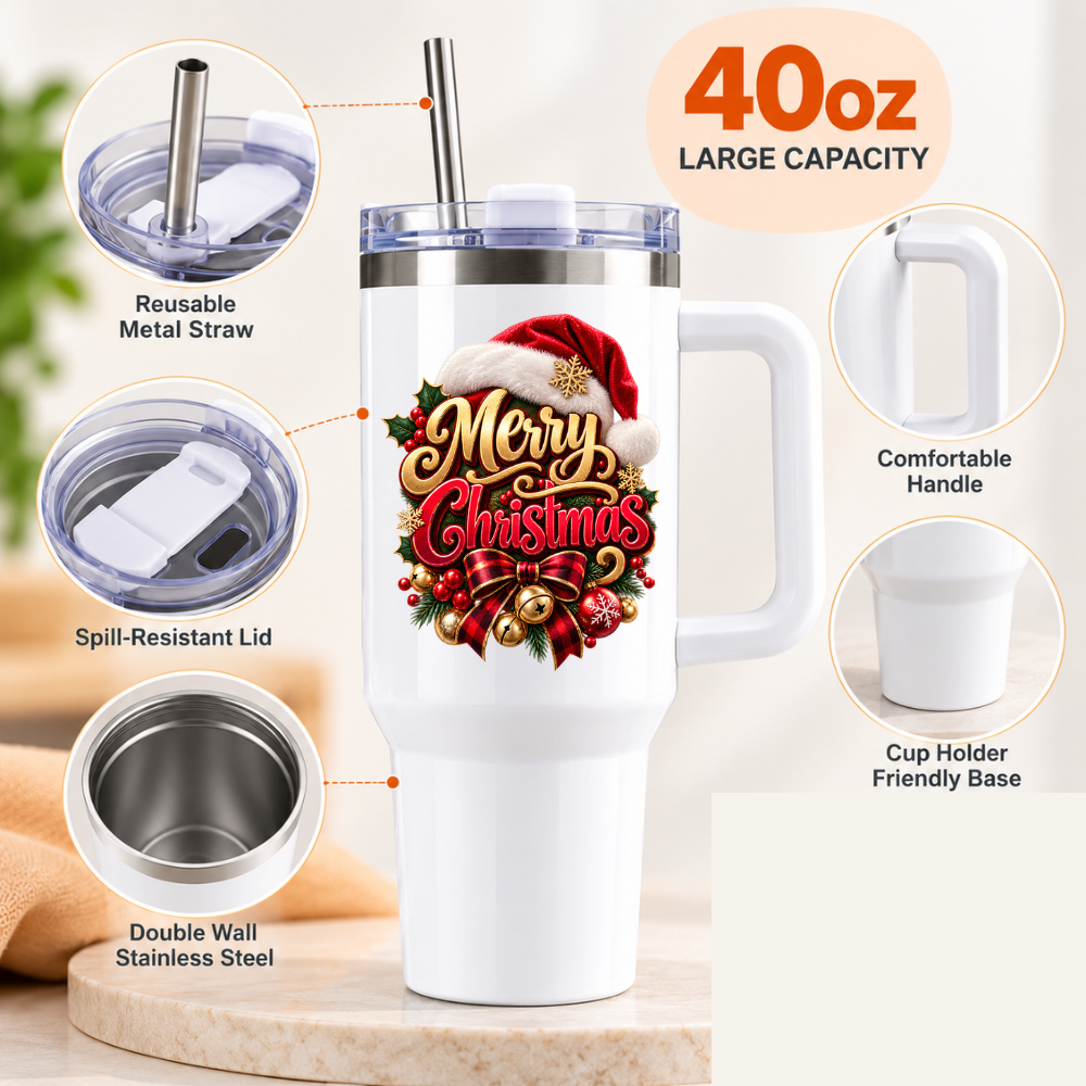 Festive Christmas Travel Tumbler "Merry Christmas" Graphic 40oz Stainless Steel Insulated Travel Mug with Handle & Straw – Santa Hat, Wreath, Red Bow & Jingle Bells Holiday Gift | Fast Dispatch by UK Seller (T3068)