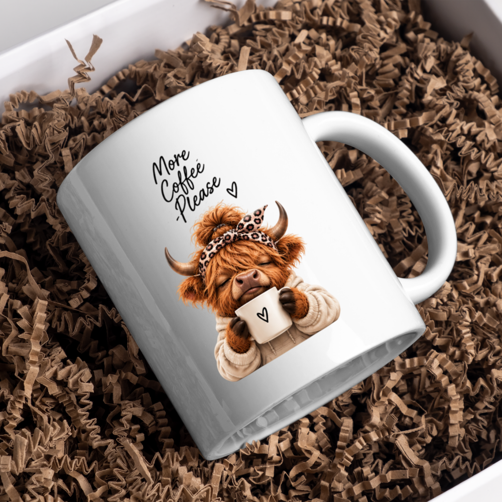 Cozy Highland Cow Mug "More Coffee Please" Graphic 325ml Ceramic Coffee Cup Highland Cow in Neutral Hoodie & Leopard Bandana Novelty Tea Cup | Cute Morning Gift for Her & Coffee Lovers | Available in Multicolours | Fast Dispatch by UK Seller (M3138)