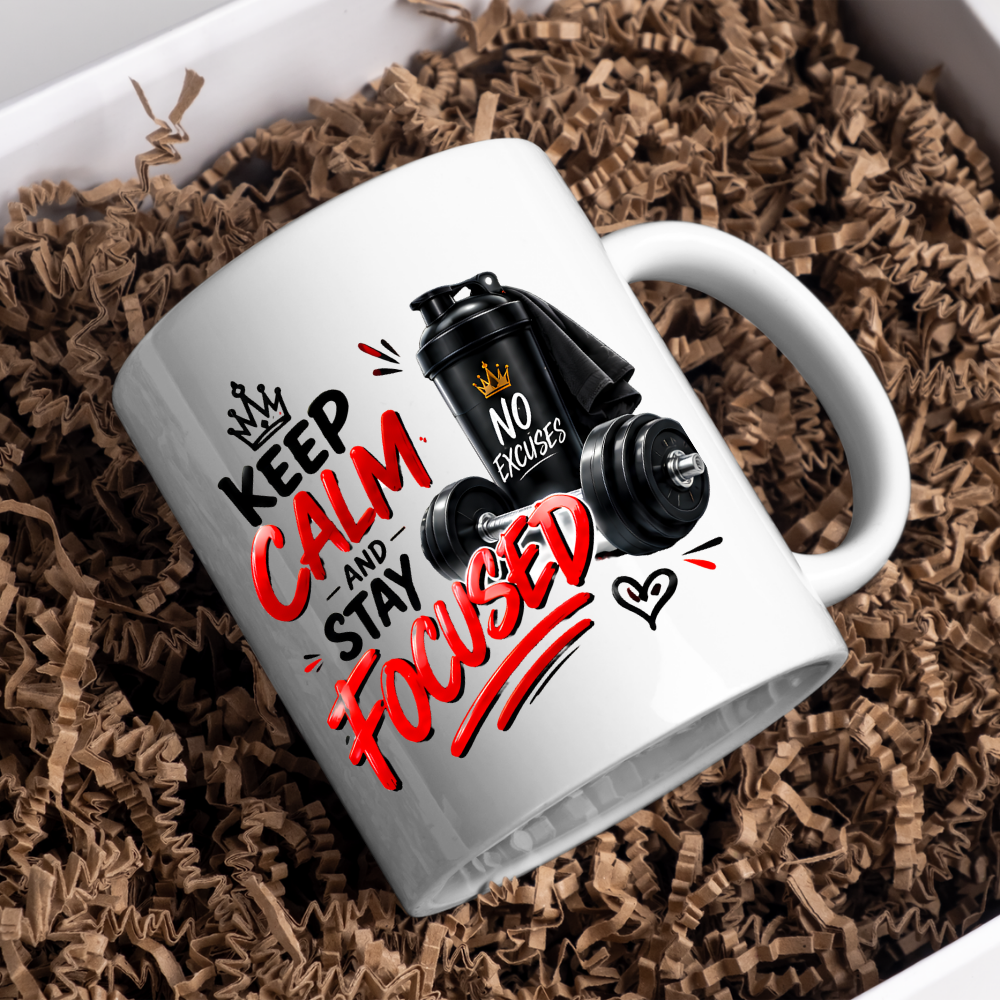Fitness Mug "Keep Calm And Stay Focused" 325ml Ceramic Coffee Tea Cup – Gym, Dumbbells, Shaker Bottle & Slogan Novelty Gift for Fitness Lovers, Workout Fans, Birthday – Fast Dispatch by UK Seller (M3507)