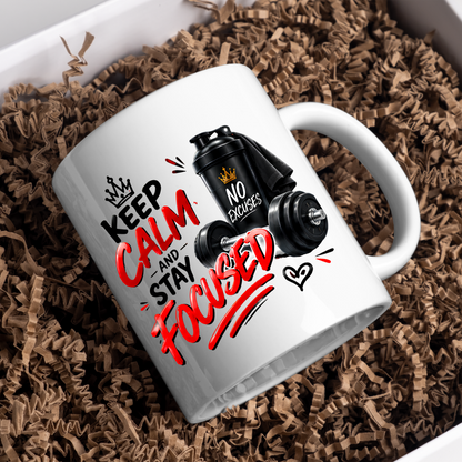 Fitness Mug "Keep Calm And Stay Focused" 325ml Ceramic Coffee Tea Cup – Gym, Dumbbells, Shaker Bottle & Slogan Novelty Gift for Fitness Lovers, Workout Fans, Birthday – Fast Dispatch by UK Seller (M3507)