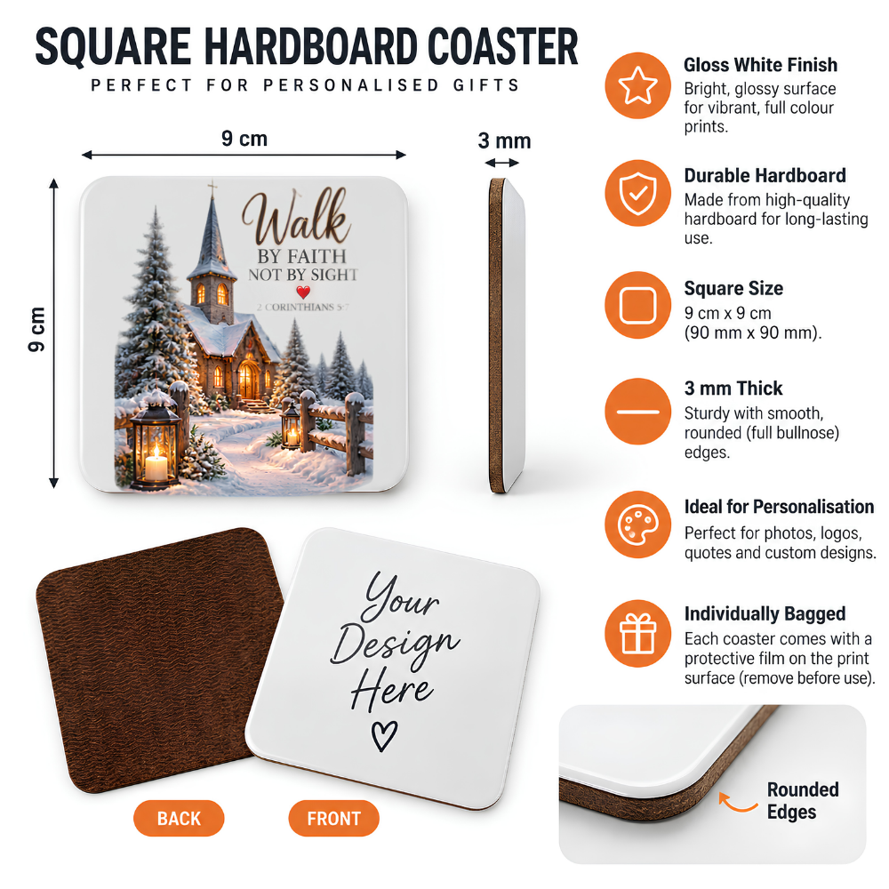 Inspirational Religious Hardboard Coaster "Walk By Faith Not By Sight" Graphic 9cm x 9cm Square Drinks Coaster “Snowy Winter Church Village with Illuminated Lanterns Novelty Mat | Christian Glossy Gift | Fast Dispatch by UK Seller (C3051)