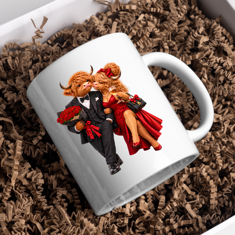 Romantic Mug "Romantic Highland Cow Couple Date Night" Romantic Highland Cow Couple 325ml Ceramic Coffee Mug – Elegant Evening Date Tea Cup With Black Tuxedo Red Evening Gown Graphic Gift | Available in Multicolours | Fast Dispatch by UK Seller (M3192)