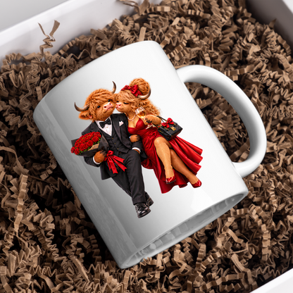 Romantic Mug "Romantic Highland Cow Couple Date Night" Romantic Highland Cow Couple 325ml Ceramic Coffee Mug – Elegant Evening Date Tea Cup With Black Tuxedo Red Evening Gown Graphic Gift | Available in Multicolours | Fast Dispatch by UK Seller (M3192)