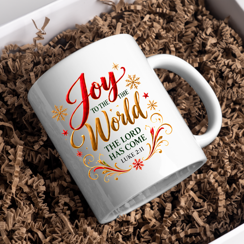 Christmas Mug "Joy To The World Luke 2:11" Joy To The World 325ml Ceramic Coffee Mug – Christian Christmas Bible Verse Mug with Gold Snowflakes Calligraphy Religious Holiday Gift | Available in Multicolours | Fast Dispatch by UK Seller (M3295)