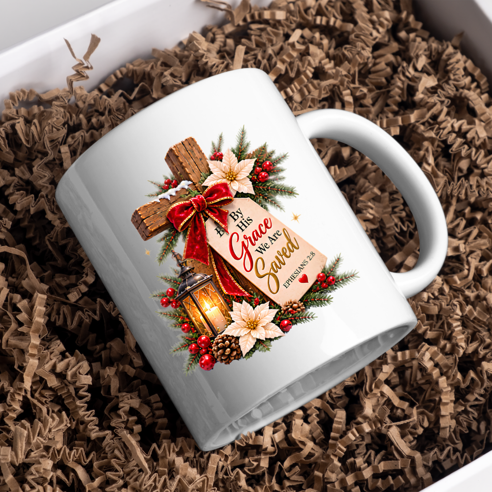 Christmas Mug "By His Grace We Are Saved Ephesians 2:8" By His Grace We Are Saved 325ml Ceramic Coffee Mug – Festive Christian Typography Mug With Wooden Cross Bow Lantern Holiday Gift | Available in Multicolours | Fast Dispatch by UK Seller (M3321)