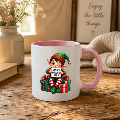 Festive Mug "Santa's Favourite Elf" Christmas Holiday Character 325ml Ceramic Coffee Mug – Cute Holiday Tea Cup with Elf Hat & Gift Box Sign | Available in Multicolours | Fast Dispatch by UK Seller (M1242)