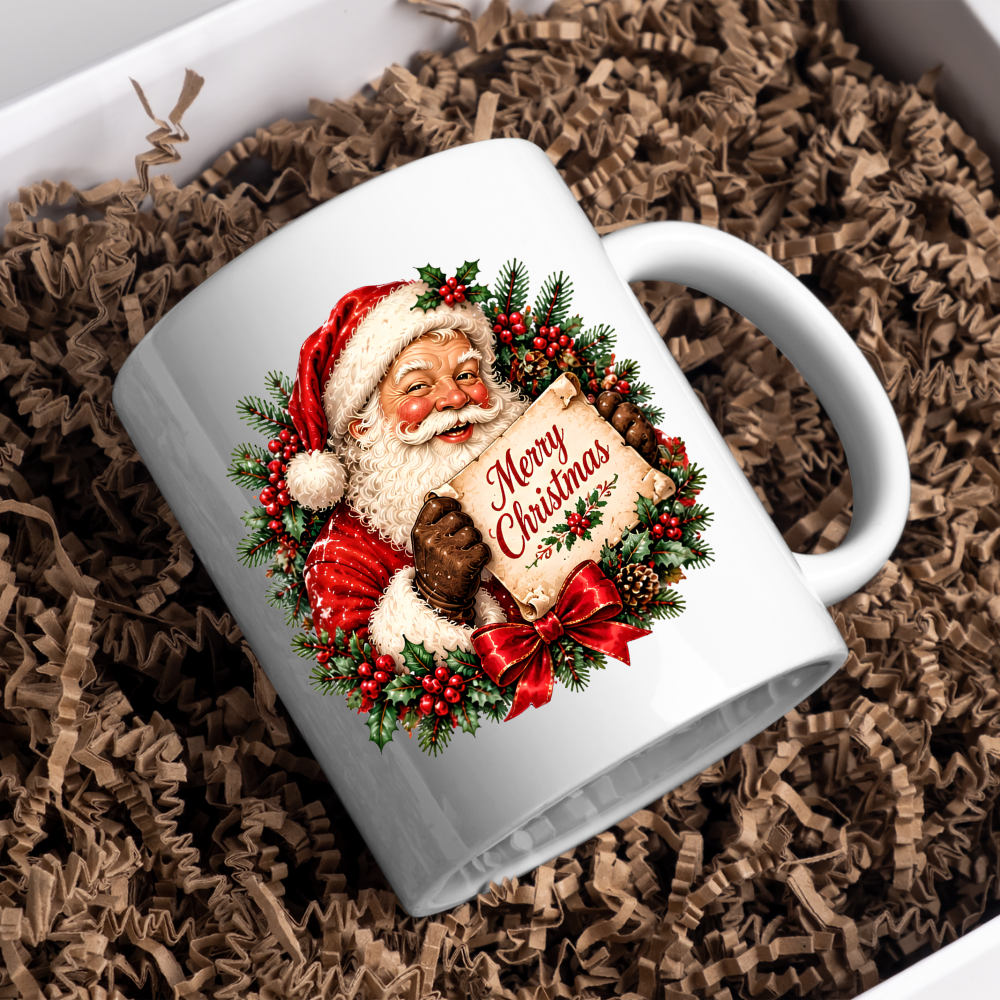 Vintage Santa Scroll Christmas Mug "Merry Christmas" Vintage Santa Claus Holding Merry Christmas Scroll 325ml Ceramic Coffee Mug – Jolly Father Christmas with Festive Wreath, Red Bow & Pine Branches | Holiday Gift | Fast Dispatch by UK Seller (M3440)