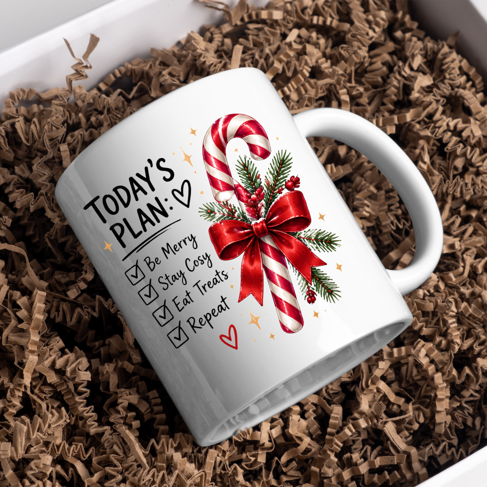 Christmas Candy Cane Checklist Mug "Today's Plan Be Merry Stay Cosy" Today's Plan Be Merry Stay Cosy 325ml Ceramic Coffee Mug – Festive Candy Cane with Red Ribbon & Check-list Artwork | Holiday Gift | Fast Dispatch by UK Seller (M3399)